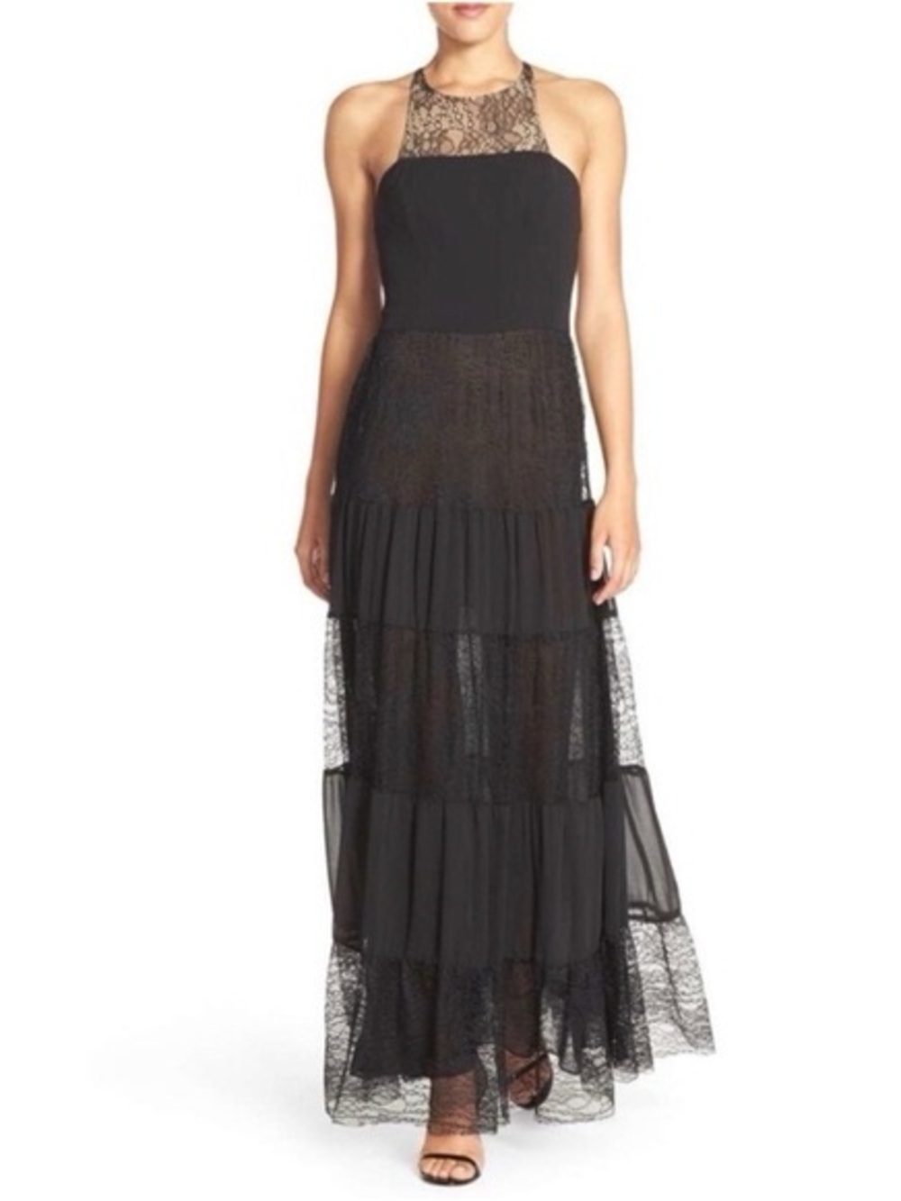 ALI and JAY Lace Panel Gown Black Tiered Maxi Dress halter crisscross back NWT
